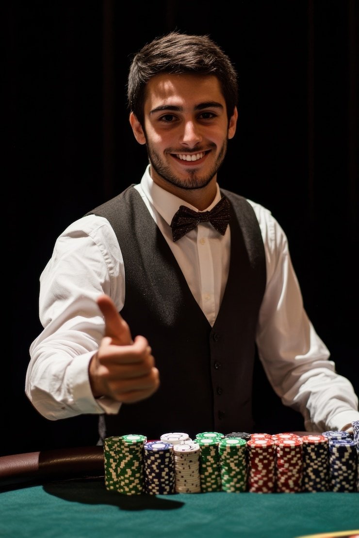 Live dealer blackjack table with professional dealer and betting interface on screen